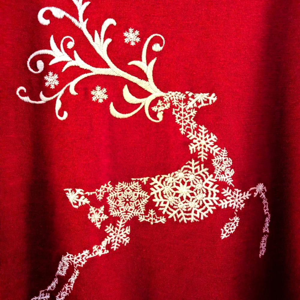 North Style Red Sweater with White Embroidered/Beaded Reindeer